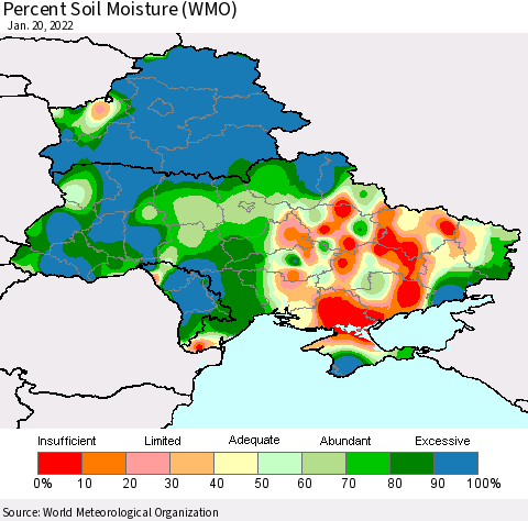 Ukraine, Moldova and Belarus Percent Soil Moisture (WMO) Thematic Map For 1/16/2022 - 1/20/2022
