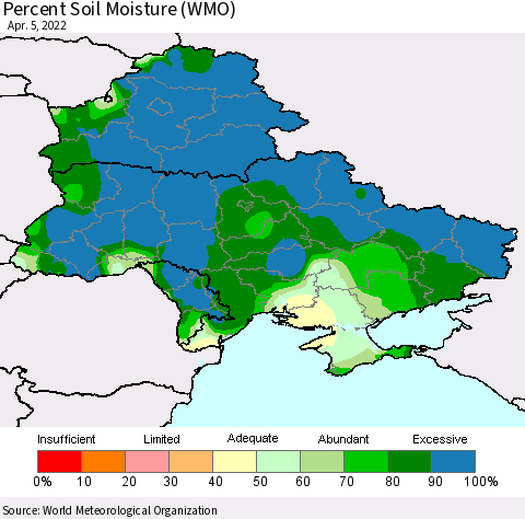 Ukraine, Moldova and Belarus Percent Soil Moisture (WMO) Thematic Map For 4/1/2022 - 4/5/2022