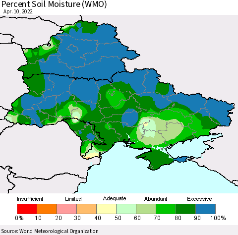 Ukraine, Moldova and Belarus Percent Soil Moisture (WMO) Thematic Map For 4/6/2022 - 4/10/2022