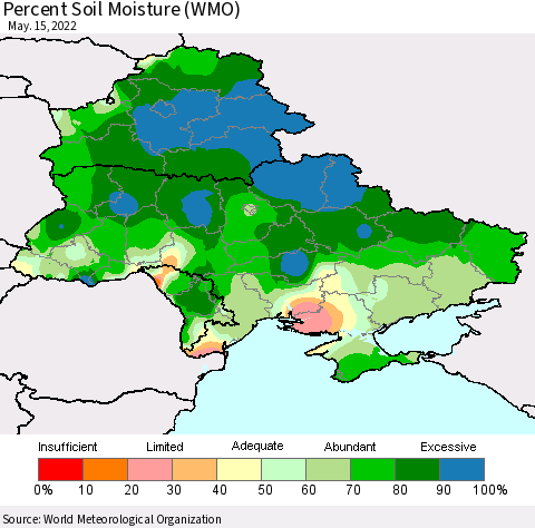 Ukraine, Moldova and Belarus Percent Soil Moisture (WMO) Thematic Map For 5/11/2022 - 5/15/2022