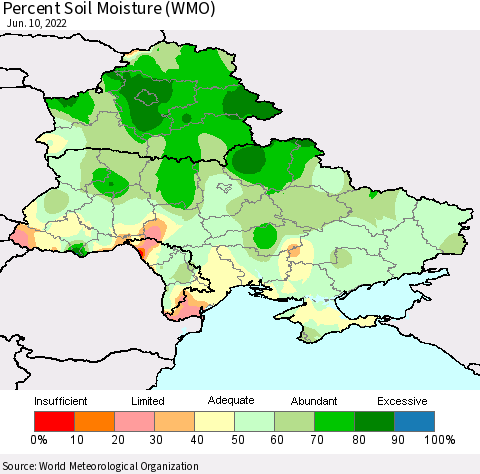 Ukraine, Moldova and Belarus Percent Soil Moisture (WMO) Thematic Map For 6/6/2022 - 6/10/2022
