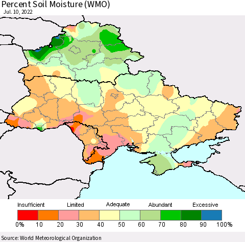Ukraine, Moldova and Belarus Percent Soil Moisture (WMO) Thematic Map For 7/6/2022 - 7/10/2022