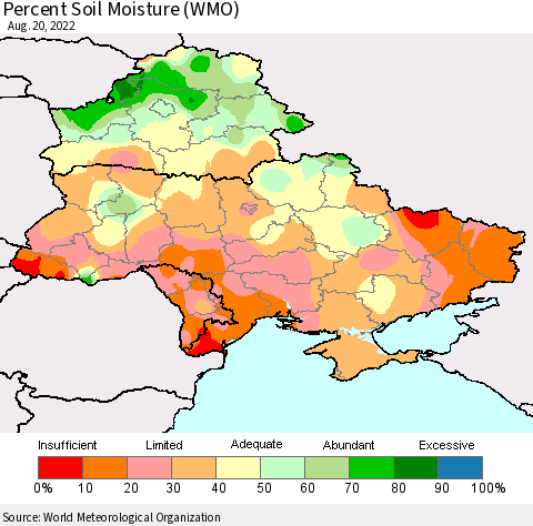 Ukraine, Moldova and Belarus Percent Soil Moisture (WMO) Thematic Map For 8/16/2022 - 8/20/2022