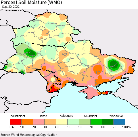 Ukraine, Moldova and Belarus Percent Soil Moisture (WMO) Thematic Map For 9/26/2022 - 9/30/2022
