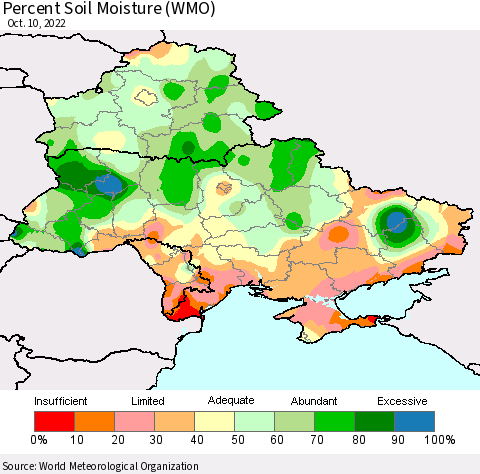 Ukraine, Moldova and Belarus Percent Soil Moisture (WMO) Thematic Map For 10/6/2022 - 10/10/2022