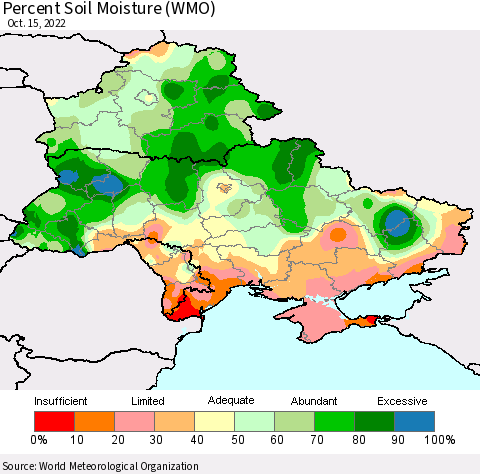 Ukraine, Moldova and Belarus Percent Soil Moisture (WMO) Thematic Map For 10/11/2022 - 10/15/2022