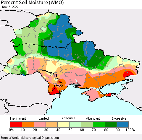 Ukraine, Moldova and Belarus Percent Soil Moisture (WMO) Thematic Map For 11/1/2022 - 11/5/2022