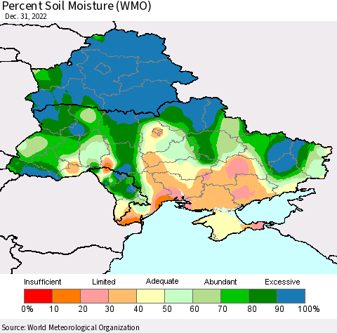 Ukraine, Moldova and Belarus Percent Soil Moisture (WMO) Thematic Map For 12/26/2022 - 12/31/2022