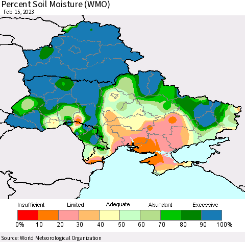 Ukraine, Moldova and Belarus Percent Soil Moisture (WMO) Thematic Map For 2/11/2023 - 2/15/2023