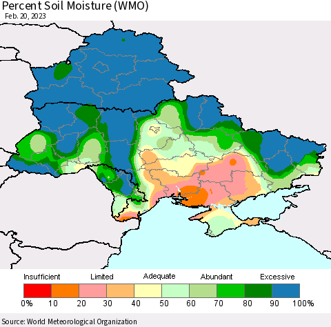 Ukraine, Moldova and Belarus Percent Soil Moisture (WMO) Thematic Map For 2/16/2023 - 2/20/2023