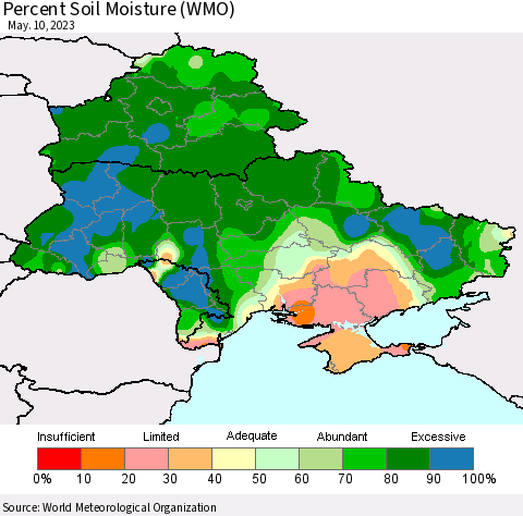 Ukraine, Moldova and Belarus Percent Soil Moisture (WMO) Thematic Map For 5/6/2023 - 5/10/2023