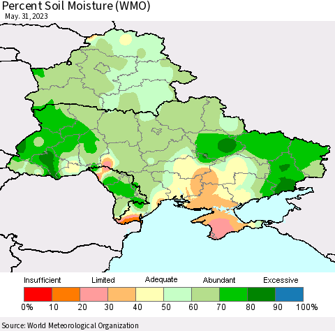 Ukraine, Moldova and Belarus Percent Soil Moisture (WMO) Thematic Map For 5/26/2023 - 5/31/2023