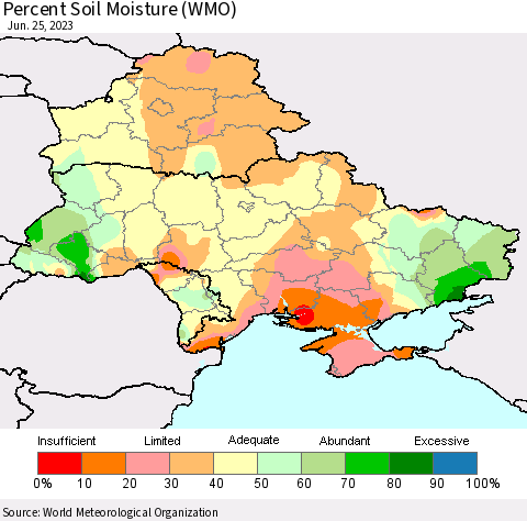 Ukraine, Moldova and Belarus Percent Soil Moisture (WMO) Thematic Map For 6/21/2023 - 6/25/2023