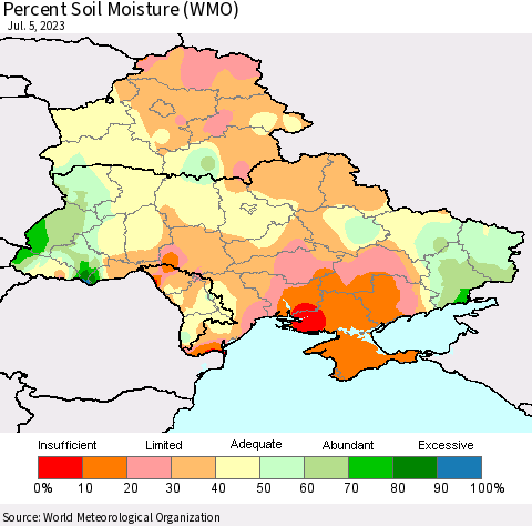 Ukraine, Moldova and Belarus Percent Soil Moisture (WMO) Thematic Map For 7/1/2023 - 7/5/2023