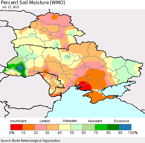 Ukraine, Moldova and Belarus Percent Soil Moisture (WMO) Thematic Map For 7/11/2023 - 7/15/2023