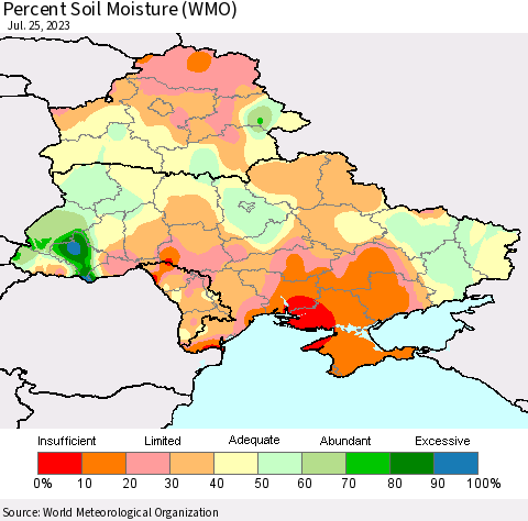 Ukraine, Moldova and Belarus Percent Soil Moisture (WMO) Thematic Map For 7/21/2023 - 7/25/2023