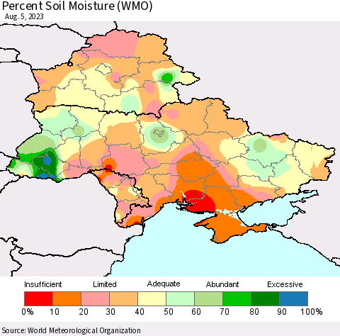 Ukraine, Moldova and Belarus Percent Soil Moisture (WMO) Thematic Map For 8/1/2023 - 8/5/2023