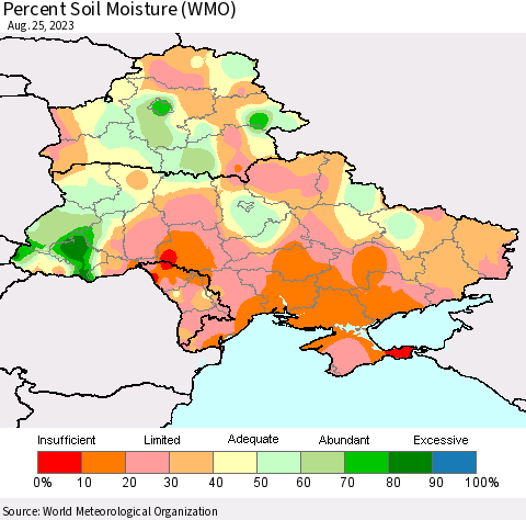 Ukraine, Moldova and Belarus Percent Soil Moisture (WMO) Thematic Map For 8/21/2023 - 8/25/2023