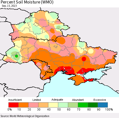 Ukraine, Moldova and Belarus Percent Soil Moisture (WMO) Thematic Map For 9/11/2023 - 9/15/2023