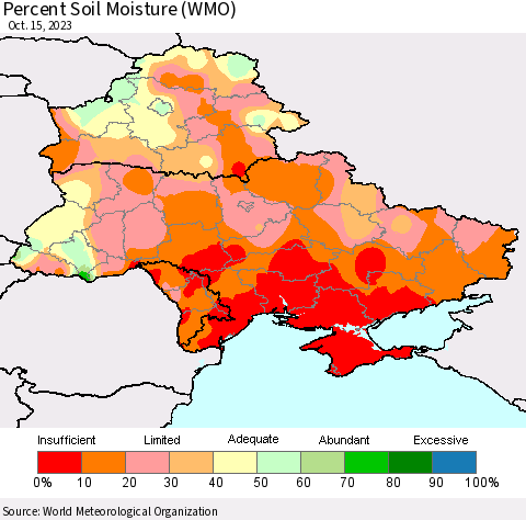 Ukraine, Moldova and Belarus Percent Soil Moisture (WMO) Thematic Map For 10/11/2023 - 10/15/2023