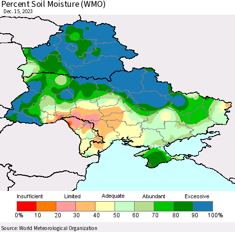 Ukraine, Moldova and Belarus Percent Soil Moisture (WMO) Thematic Map For 12/11/2023 - 12/15/2023