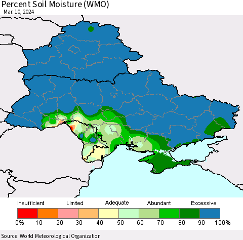 Ukraine, Moldova and Belarus Percent Soil Moisture (WMO) Thematic Map For 3/6/2024 - 3/10/2024