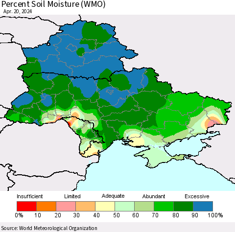 Ukraine, Moldova and Belarus Percent Soil Moisture (WMO) Thematic Map For 4/16/2024 - 4/20/2024