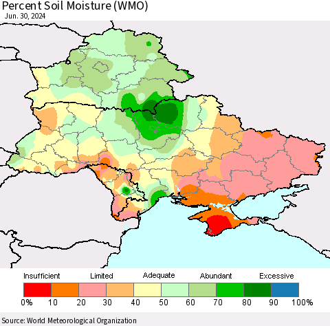 Ukraine, Moldova and Belarus Percent Soil Moisture (WMO) Thematic Map For 6/26/2024 - 6/30/2024