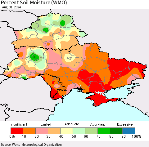 Ukraine, Moldova and Belarus Percent Soil Moisture (WMO) Thematic Map For 8/26/2024 - 8/31/2024