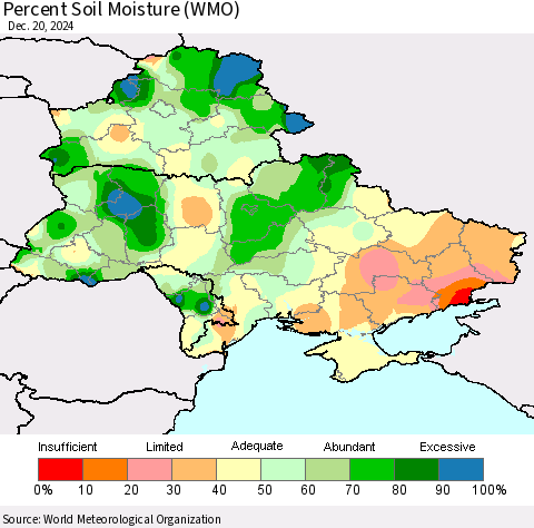 Ukraine, Moldova and Belarus Percent Soil Moisture (WMO) Thematic Map For 12/16/2024 - 12/20/2024