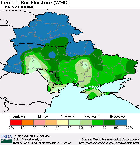 Ukraine, Moldova and Belarus Percent Soil Moisture (WMO) Thematic Map For 1/1/2018 - 1/7/2018