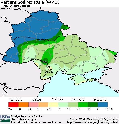 Ukraine, Moldova and Belarus Percent Soil Moisture (WMO) Thematic Map For 1/8/2018 - 1/14/2018