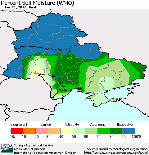 Ukraine, Moldova and Belarus Percent Soil Moisture (WMO) Thematic Map For 1/15/2018 - 1/21/2018