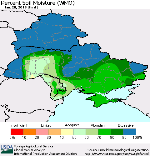 Ukraine, Moldova and Belarus Percent Soil Moisture (WMO) Thematic Map For 1/22/2018 - 1/28/2018