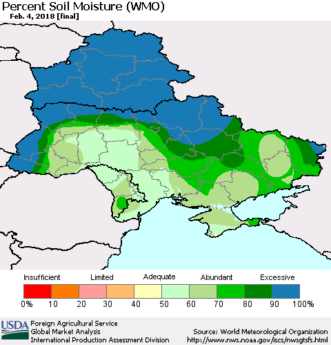 Ukraine, Moldova and Belarus Percent Soil Moisture (WMO) Thematic Map For 1/29/2018 - 2/4/2018