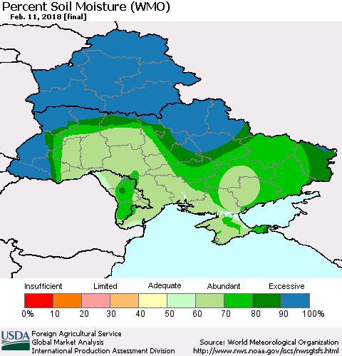 Ukraine, Moldova and Belarus Percent Soil Moisture (WMO) Thematic Map For 2/5/2018 - 2/11/2018