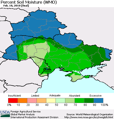 Ukraine, Moldova and Belarus Percent Soil Moisture (WMO) Thematic Map For 2/12/2018 - 2/18/2018