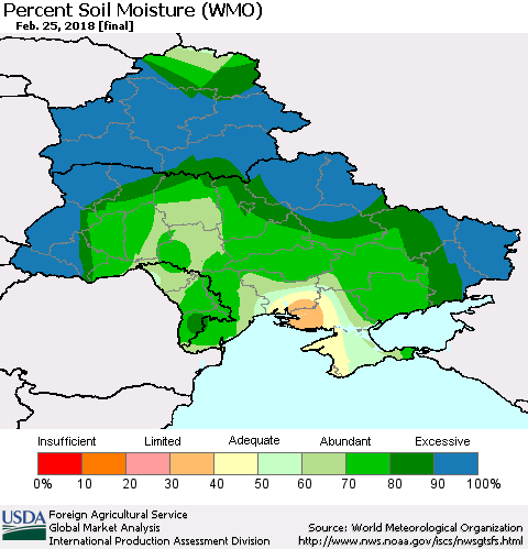Ukraine, Moldova and Belarus Percent Soil Moisture (WMO) Thematic Map For 2/19/2018 - 2/25/2018