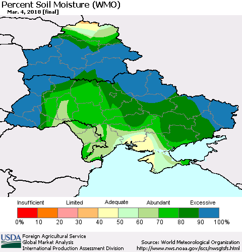 Ukraine, Moldova and Belarus Percent Soil Moisture (WMO) Thematic Map For 2/26/2018 - 3/4/2018