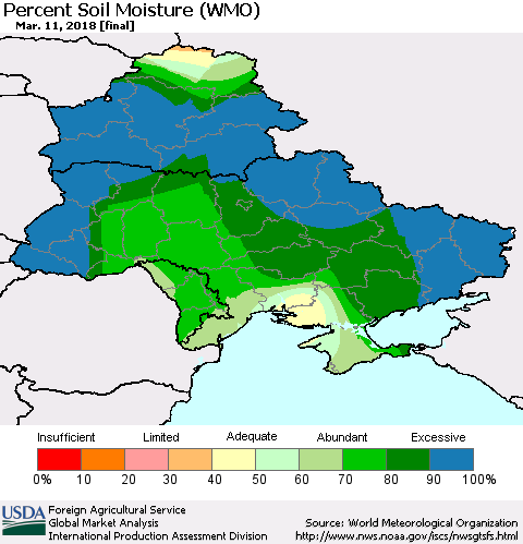 Ukraine, Moldova and Belarus Percent Soil Moisture (WMO) Thematic Map For 3/5/2018 - 3/11/2018