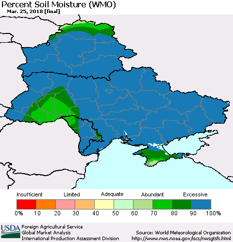 Ukraine, Moldova and Belarus Percent Soil Moisture (WMO) Thematic Map For 3/19/2018 - 3/25/2018