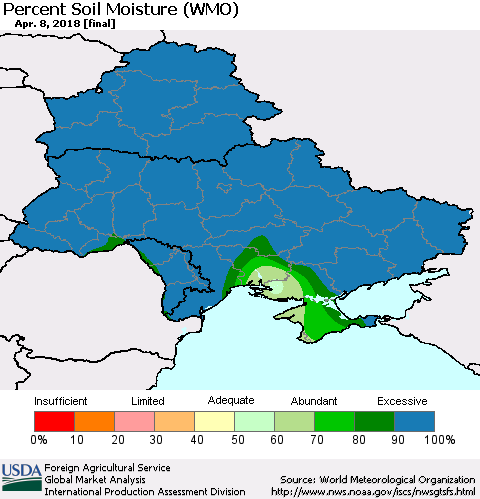 Ukraine, Moldova and Belarus Percent Soil Moisture (WMO) Thematic Map For 4/2/2018 - 4/8/2018