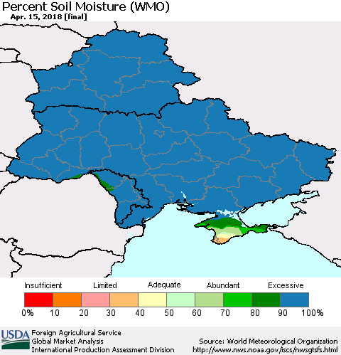 Ukraine, Moldova and Belarus Percent Soil Moisture (WMO) Thematic Map For 4/9/2018 - 4/15/2018