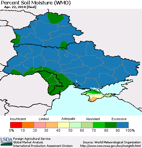 Ukraine, Moldova and Belarus Percent Soil Moisture (WMO) Thematic Map For 4/16/2018 - 4/22/2018