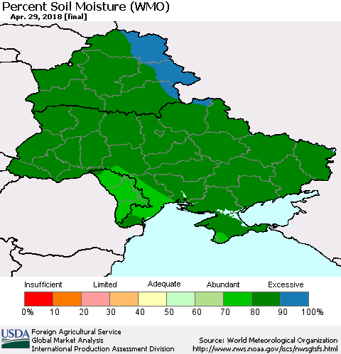 Ukraine, Moldova and Belarus Percent Soil Moisture (WMO) Thematic Map For 4/23/2018 - 4/29/2018