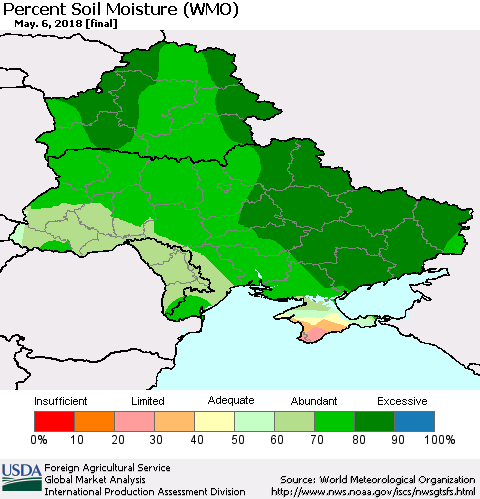 Ukraine, Moldova and Belarus Percent Soil Moisture (WMO) Thematic Map For 4/30/2018 - 5/6/2018