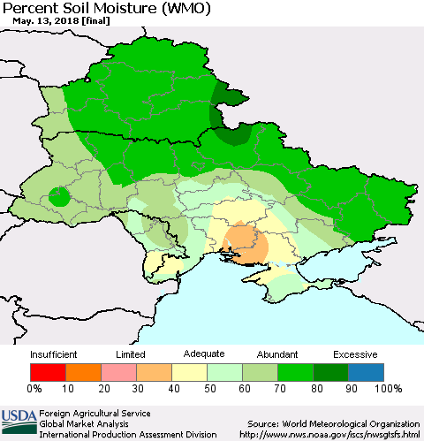 Ukraine, Moldova and Belarus Percent Soil Moisture (WMO) Thematic Map For 5/7/2018 - 5/13/2018