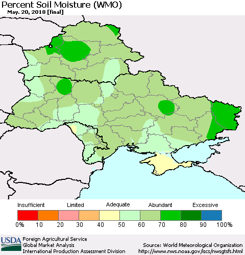 Ukraine, Moldova and Belarus Percent Soil Moisture (WMO) Thematic Map For 5/14/2018 - 5/20/2018