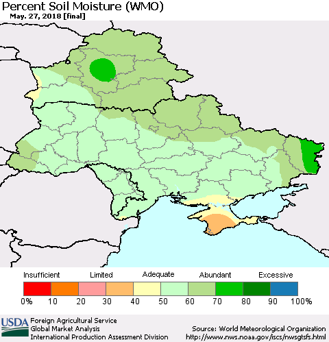 Ukraine, Moldova and Belarus Percent Soil Moisture (WMO) Thematic Map For 5/21/2018 - 5/27/2018