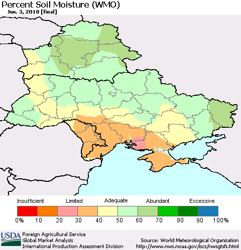 Ukraine, Moldova and Belarus Percent Soil Moisture (WMO) Thematic Map For 5/28/2018 - 6/3/2018